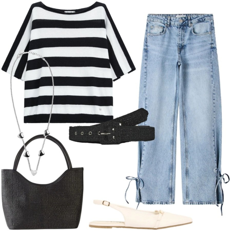 Outfit donna - Estate in città. Stile Casual chic per Tutti i giorni. Abbinamento con ballerine, shopping bag, cinture, jeans, top, collane.