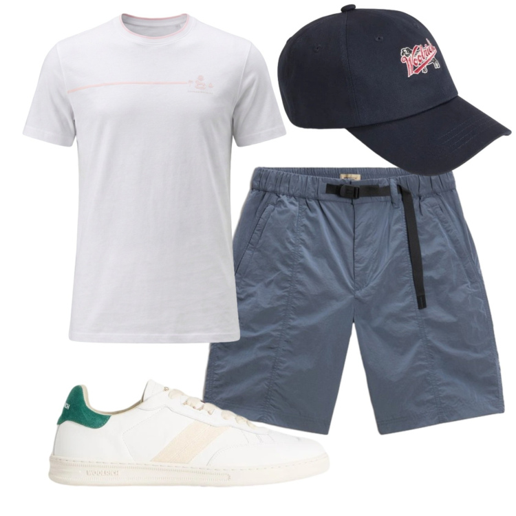Outfit uomo - Total look #2429641. Stile Casual per Tutti i giorni. Abbinamento con t-shirt, cappelli con visiera, pantaloni corti, sneakers.