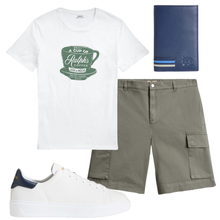 Outfit uomo - Total look #2429643. Stile Casual per Tutti i giorni. Abbinamento con portafogli, pantaloni corti, sneakers, t-shirt.