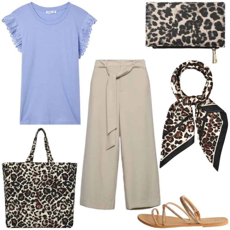 Outfit donna - Foulard nei capelli. Stile Basic per Tutti i giorni. Abbinamento con sandali, t-shirt, foulard, shopping bag, pantaloni a palazzo, portafogli.