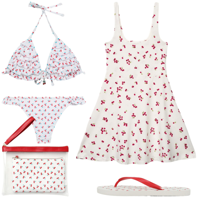 Outfit donna - Cherries. Stile Basic per Mare. Abbinamento con bikini, bikini, pochette, infradito, vestiti corti.