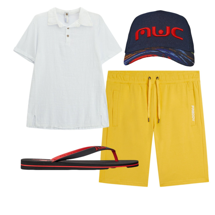 Outfit uomo - Total look #2429653. Stile Casual per Tutti i giorni. Abbinamento con cappelli con visiera, pantaloni corti, sandali, polo.
