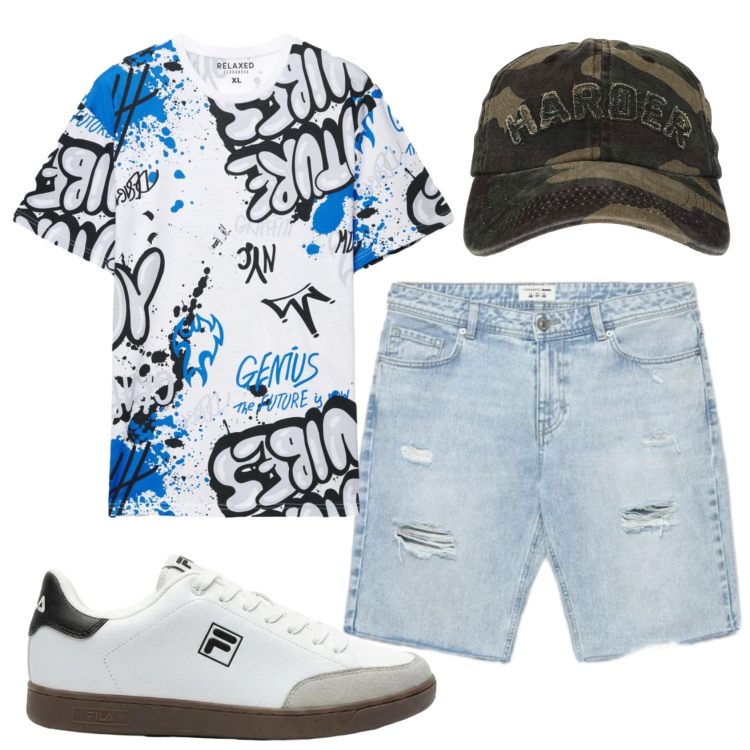 Outfit uomo - Total look #2429656. Stile Urban per Tutti i giorni. Abbinamento con sneakers, t-shirt, cappelli con visiera, shorts.