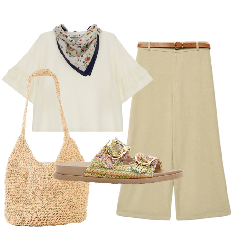 Outfit donna - Total look #2429658. Stile Basic per Tutti i giorni. Abbinamento con ciabatte, shopping bag, pantaloni a palazzo, top.