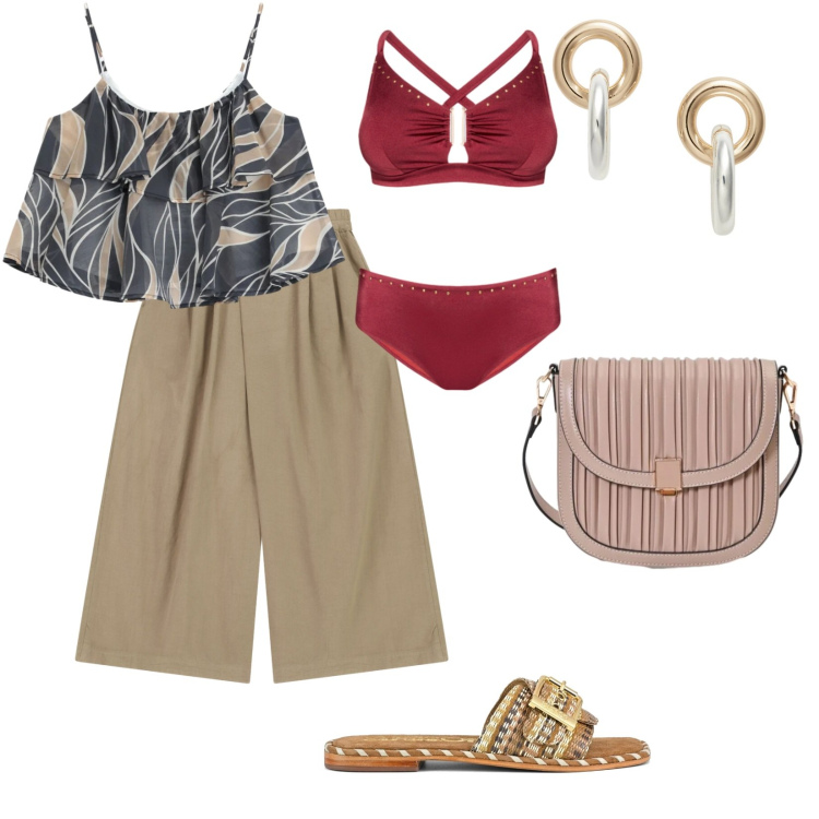 Outfit donna - Total look #2429659. per Mare. Abbinamento con borse a tracolla, pantaloni a palazzo, top, bikini, orecchini, ciabatte.