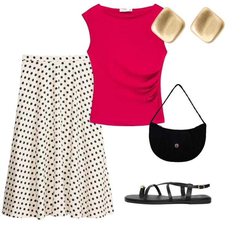 Outfit donna - Sole. per Tutti i giorni. Abbinamento con gonne longuette, t-shirt, sandali, orecchini, borse a mano.