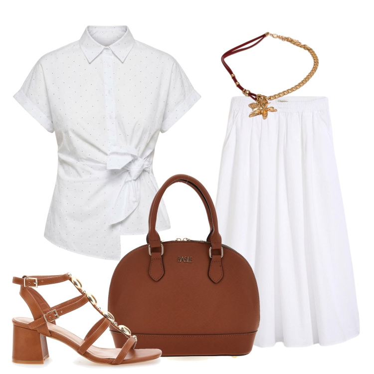 Outfit donna - Il minimalismo chic. Stile Chic per Tutti i giorni. Abbinamento con gonne longuette, camicie a manica corta, collane, sandali gioiello, borse a mano.
