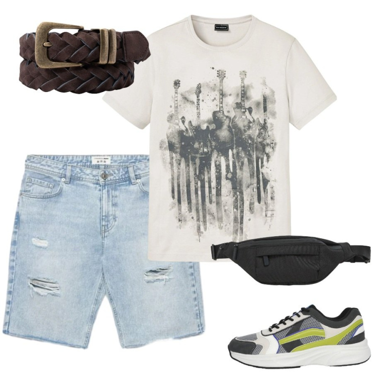 Outfit uomo - Total look #2429678. Stile Casual per Tutti i giorni. Abbinamento con t-shirt, sneakers, borse sportive, shorts, cinture.