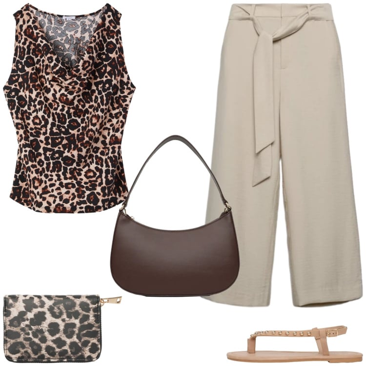 Outfit donna - Terranova - Summer essentials. Stile Basic per Tutti i giorni. Abbinamento con portafogli, pantaloni a palazzo, ciabatte, borse a tracolla, top.