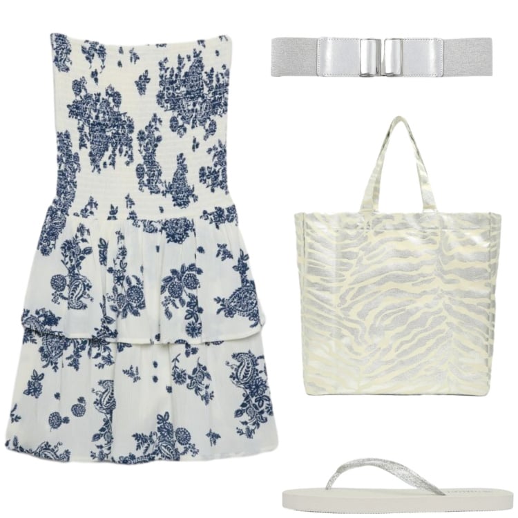 Outfit donna - Spiaggia. Stile Basic per Tutti i giorni. Abbinamento con vestiti corti, shopping bag, infradito, cinture.