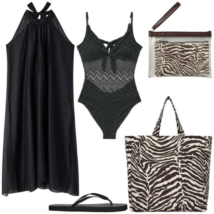 Outfit donna - Mare. Stile Basic per Mare. Abbinamento con vestiti lunghi, pochette, infradito, costumi interi, shopping bag.
