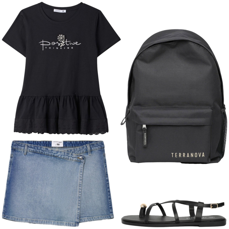 Outfit donna - Passeggiata in città. Stile Basic per Tutti i giorni. Abbinamento con zaini, sandali, gonne, t-shirt.