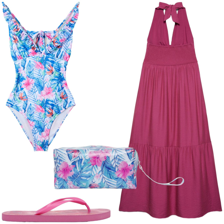 Outfit donna - Beach. Stile Basic per Mare. Abbinamento con vestiti lunghi, costumi interi, valigie, infradito.