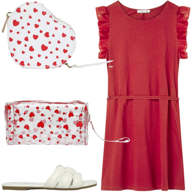 Outfit donna - Cuoricini. Stile Basic per Tutti i giorni. Abbinamento con vestiti corti, valigie, portafogli, ciabatte.