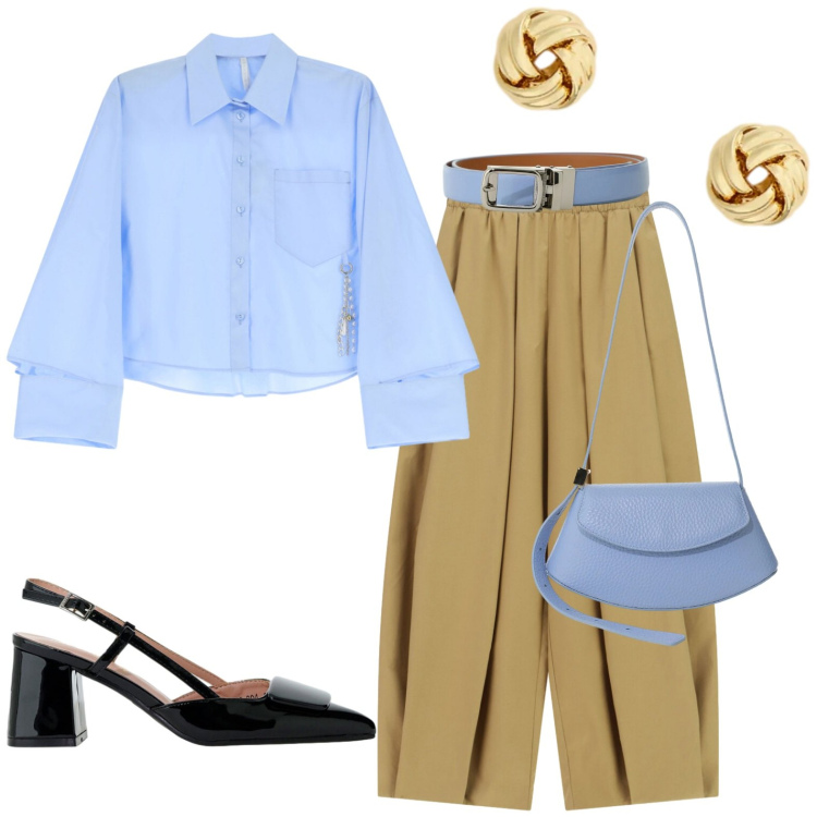 Outfit donna - Per ogni occasione. Stile Casual per Tutti i giorni. Abbinamento con camicie, décolleté, cinture, pantaloni a palazzo, borse a spalla, orecchini.