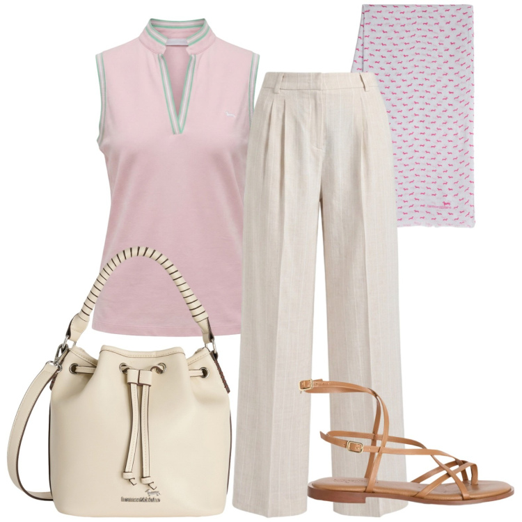 Outfit donna - Total look #2429693. Stile Casual per Tutti i giorni. Abbinamento con polo, pantaloni, sciarpe, sandali in pelle, borse a secchiello.