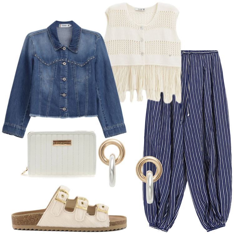 Outfit donna - Casual. Stile Casual per Tutti i giorni. Abbinamento con blazer, pantaloni a palazzo, top, orecchini, sandali in pelle, portafogli.