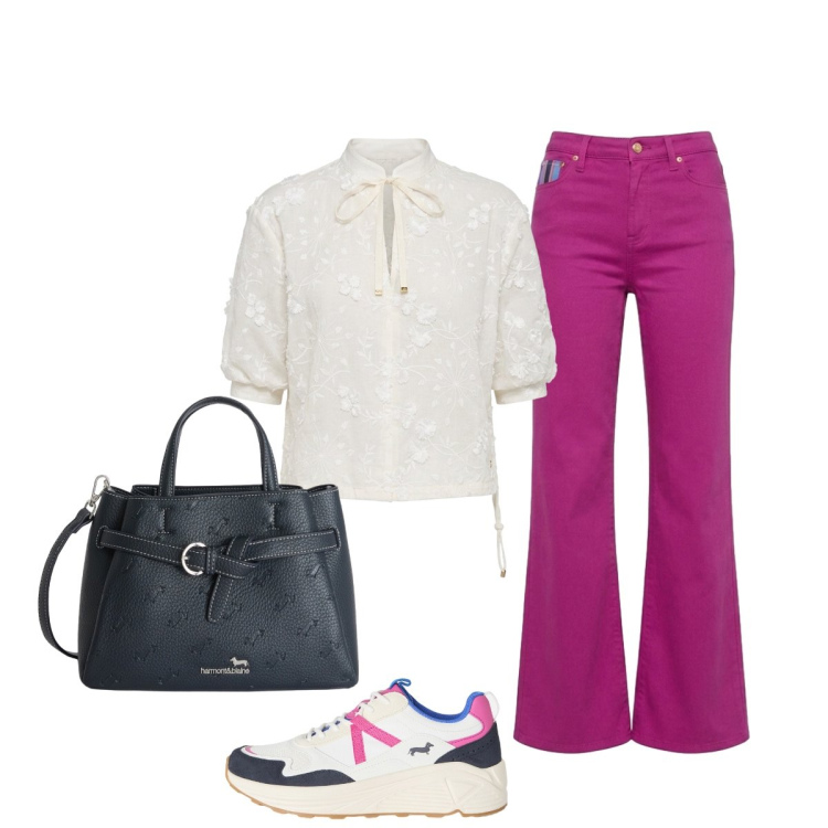 Outfit donna - Jeans a zampa fuxia. Stile Casual chic per Tutti i giorni. Abbinamento con sneakers, pantaloni, borse a mano, bluse.