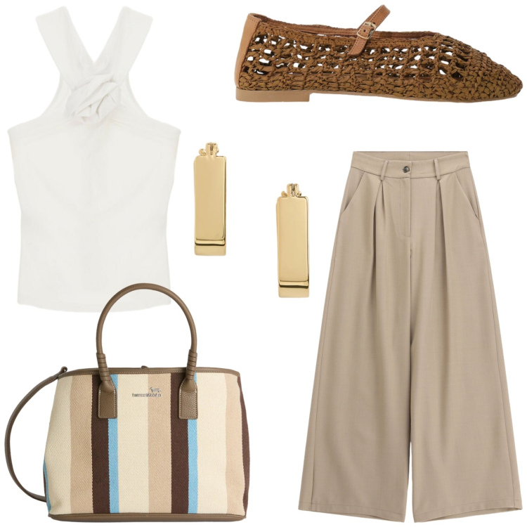 Outfit donna - Summer style. Stile Glamour per Tutti i giorni. Abbinamento con shopping bag, ballerine, pantaloni a palazzo, canottiere, orecchini.