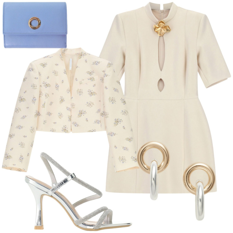 Outfit donna - Giorno e sera. Stile Casual chic per Serata fuori. Abbinamento con vestiti corti, blazer, portafogli, sandali col tacco, orecchini.