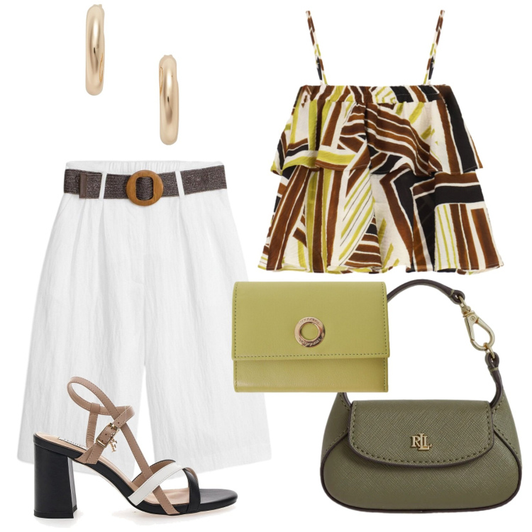 Outfit donna - Caldo in città. Stile Trendy per Ufficio. Abbinamento con bermuda, portafogli, top, orecchini, borse a mano, sandali col tacco.