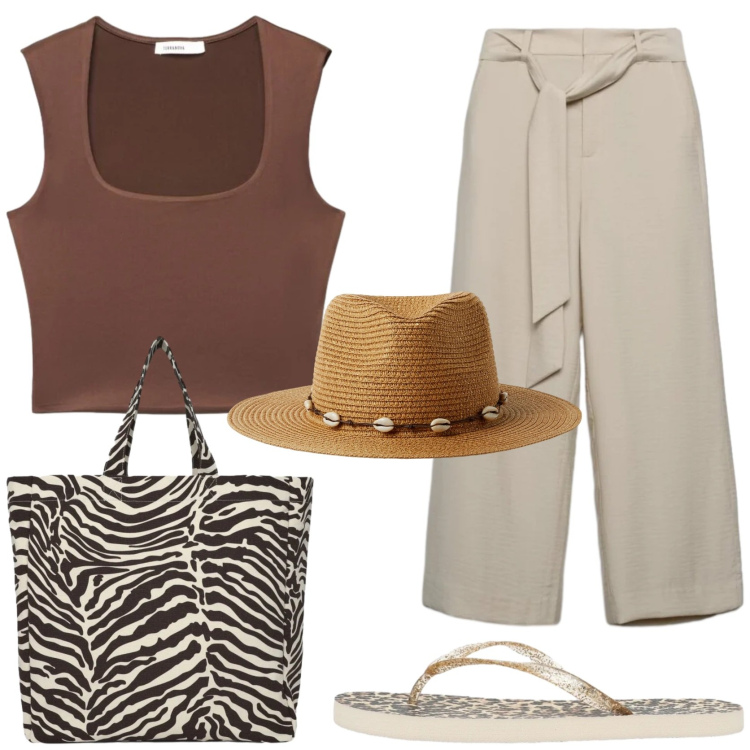 Outfit donna - Sul lungomare al tramonto. Stile Etnico per Tutti i giorni. Abbinamento con cappelli, pantaloni a palazzo, shopping bag, canottiere, infradito.