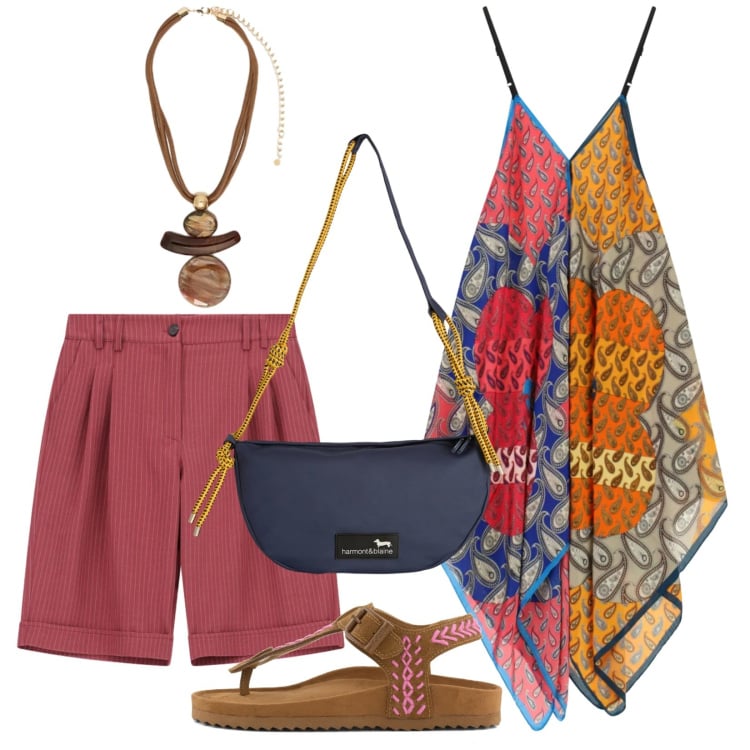 Outfit donna - Summer & colors. Stile Etnico per Tutti i giorni. Abbinamento con borse a tracolla, ciondoli, bermuda, top, infradito.