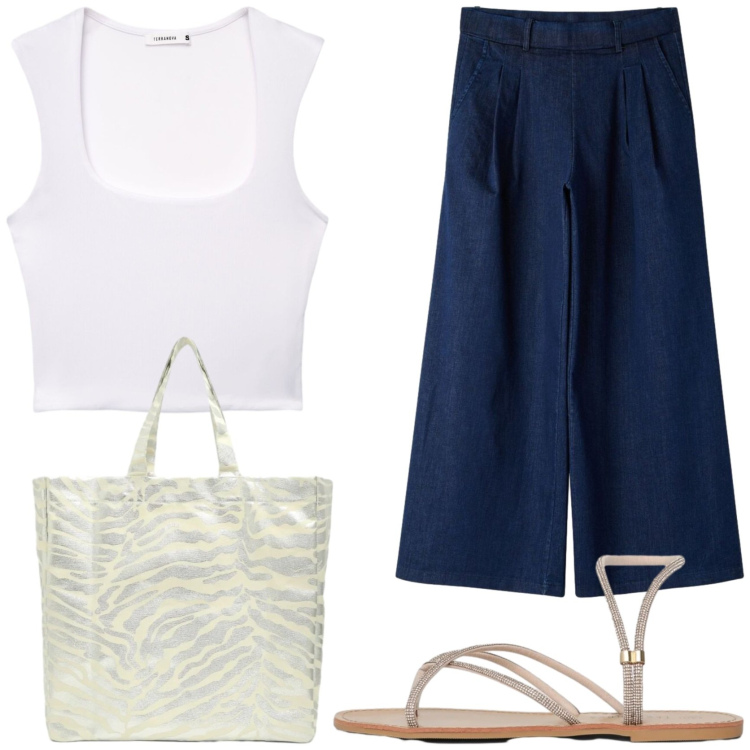 Outfit donna - Estate minimalista. Stile Minimal per Tutti i giorni. Abbinamento con sandali, shopping bag, top, jeans.