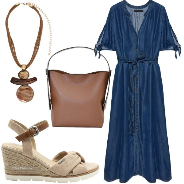 Outfit donna - Abito di jeans. Stile Casual chic per Tutti i giorni. Abbinamento con sandali col tacco, borse a mano, vestiti chemisier, ciondoli.