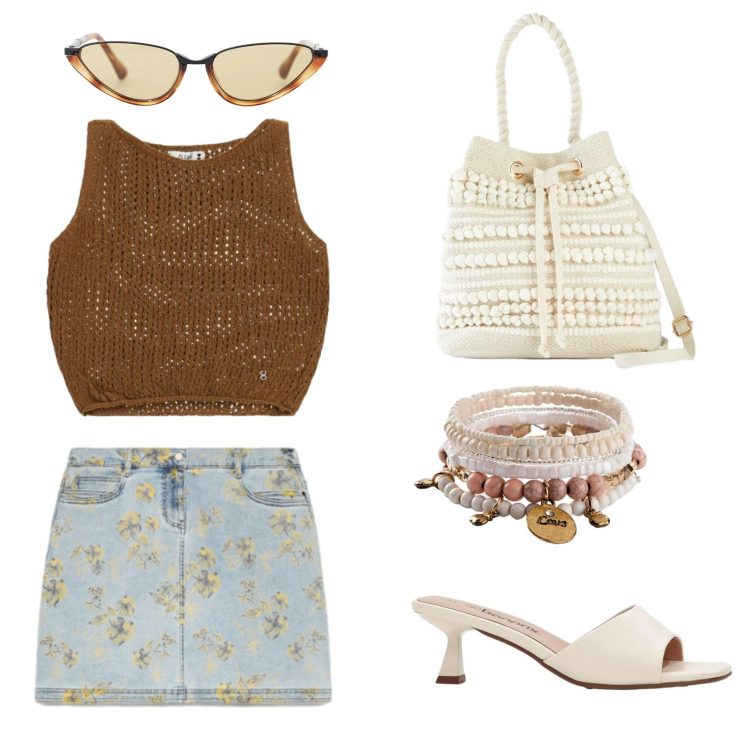 Outfit donna - Pratica ma con stile. Stile Casual chic per Tutti i giorni. look ideale per Petite. Abbinamento con sandali, braccialetti con ciondoli, borse a secchiello, occhiali da sole, top, minigonne.