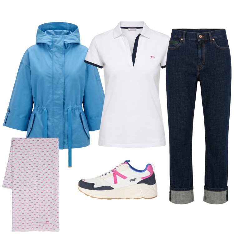 Outfit donna - Passeggiata in montagna. Stile Casual chic per Tutti i giorni. Abbinamento con jeans dritti, caban, polo, sneakers, sciarpe.
