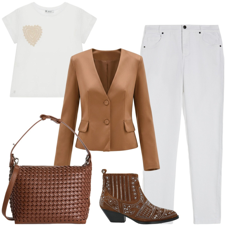 Outfit donna - Fresche sere estive.. Stile Casual chic per Serata fuori. Abbinamento con stivaletti, borse a spalla, pantaloni skinny, t-shirt, blazer.