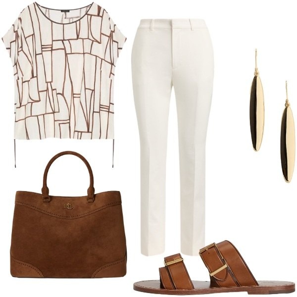 Outfit donna - Al lavoro in estate. Stile Chic per Ufficio. Abbinamento con t-shirt, pantaloni, sandali in pelle, borse a mano, orecchini.
