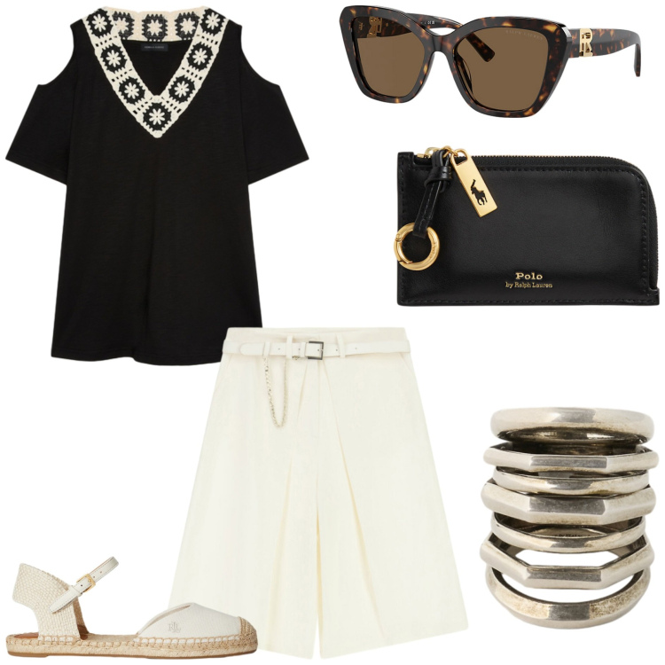 Outfit donna - Weekend al mare. Stile Casual chic per Tutti i giorni. Abbinamento con bermuda, t-shirt, occhiali da sole, portafogli, espadrillas, anelli.