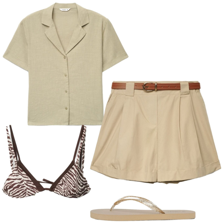 Outfit donna - Stile safari. Stile Casual per Tutti i giorni. Abbinamento con infradito, camicie a manica corta, shorts, bikini.