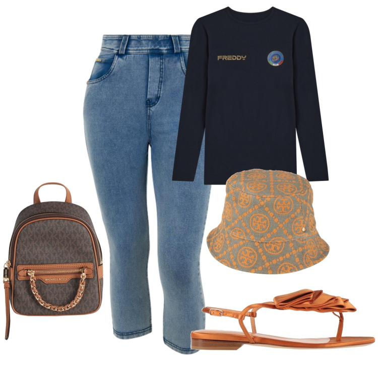 Outfit donna - Sporty. Stile Casual per Tutti i giorni. Abbinamento con cappelli, zaini, infradito, jeans skinny, t-shirt.