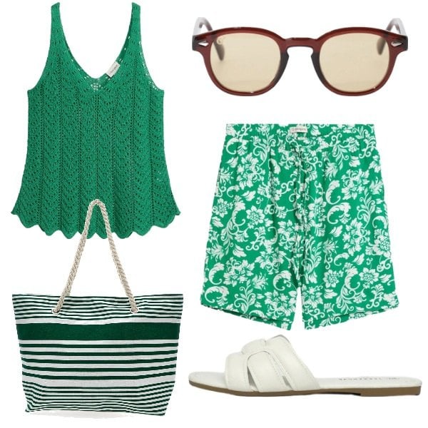 Outfit donna - Giornata al mare. Stile Sporty chic per Mare. Abbinamento con canottiere, shorts, ciabatte, occhiali da sole, borse tote.