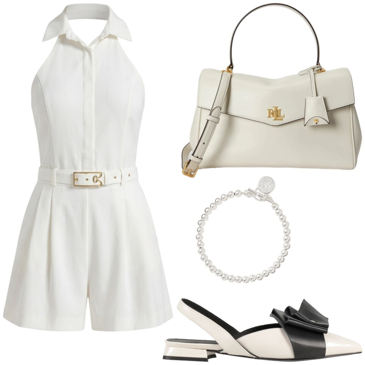 Outfit donna - Eleganza discreta. Stile Chic per Cerimonia. Abbinamento con ballerine, tuta corta, braccialetti, borse a mano.
