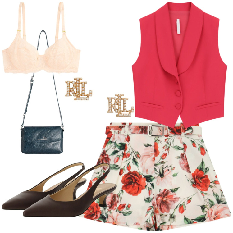Outfit donna - Summer. Stile Casual per Tutti i giorni. Abbinamento con borse a tracolla, gilet, shorts, décolleté, orecchini, reggiseni.