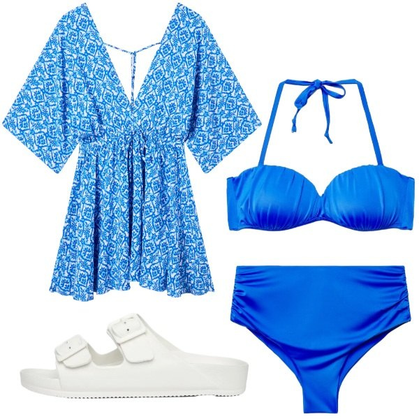 Outfit donna - Beach mode. Stile Casual per Mare. Abbinamento con vestiti corti, ciabatte, bikini, bikini.