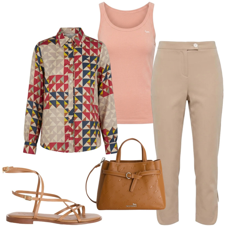 Outfit donna - Casual. Stile Casual per Tutti i giorni. Abbinamento con borse a mano, sandali in pelle, camicie, canottiere, pantaloni.