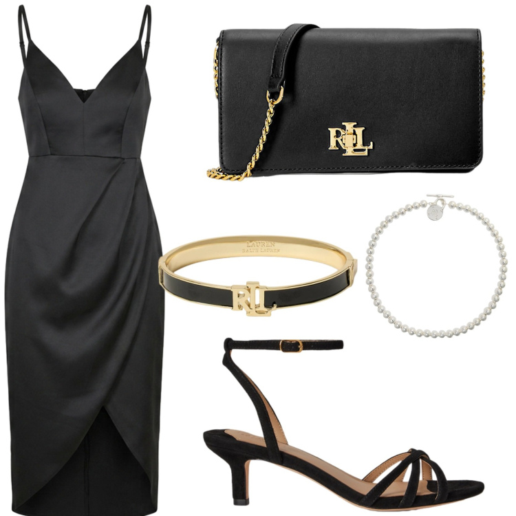 Outfit donna - Luxury. Stile Chic per Cerimonia. Abbinamento con collane, braccialetti, sandali col tacco, borse a mano, vestiti asimmetrici.