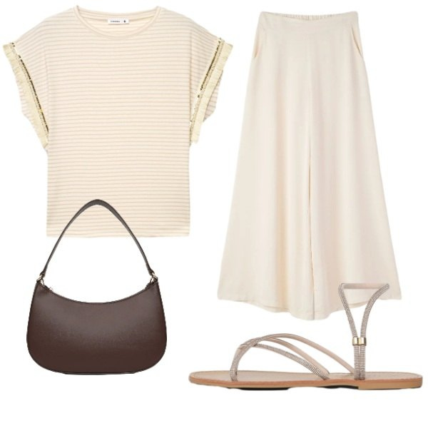 Outfit donna - Semplicità. Stile Casual chic per Tutti i giorni. Abbinamento con sandali, borse a tracolla, t-shirt, pantaloni.