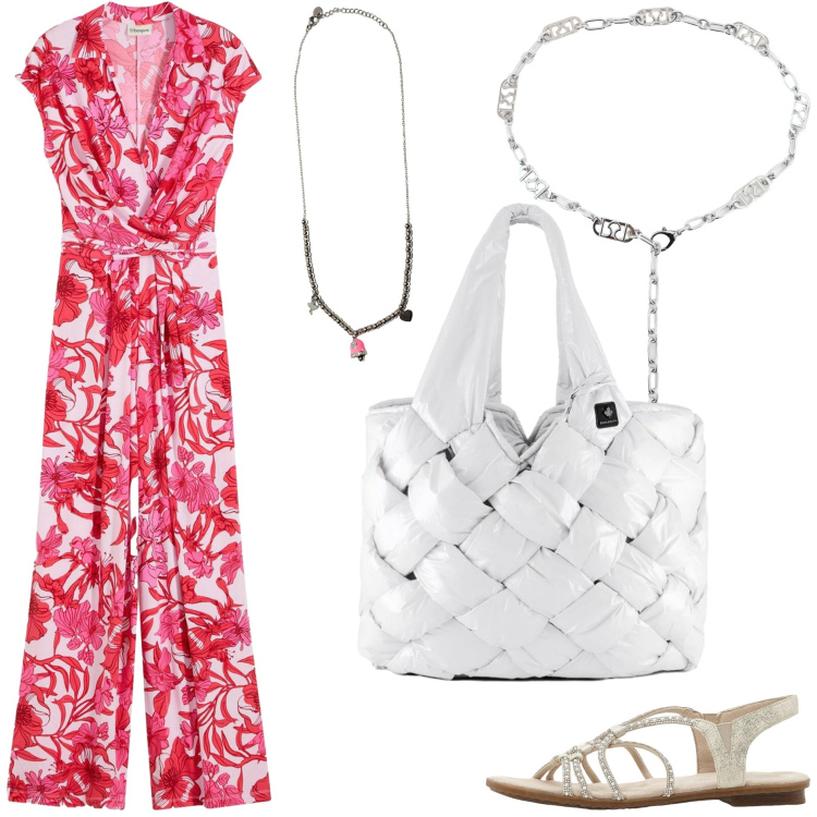 Outfit donna - Pattern sotto il sole. Stile Romantica per Tutti i giorni. Abbinamento con tute, sandali, cinture, ciondoli, borse tote.