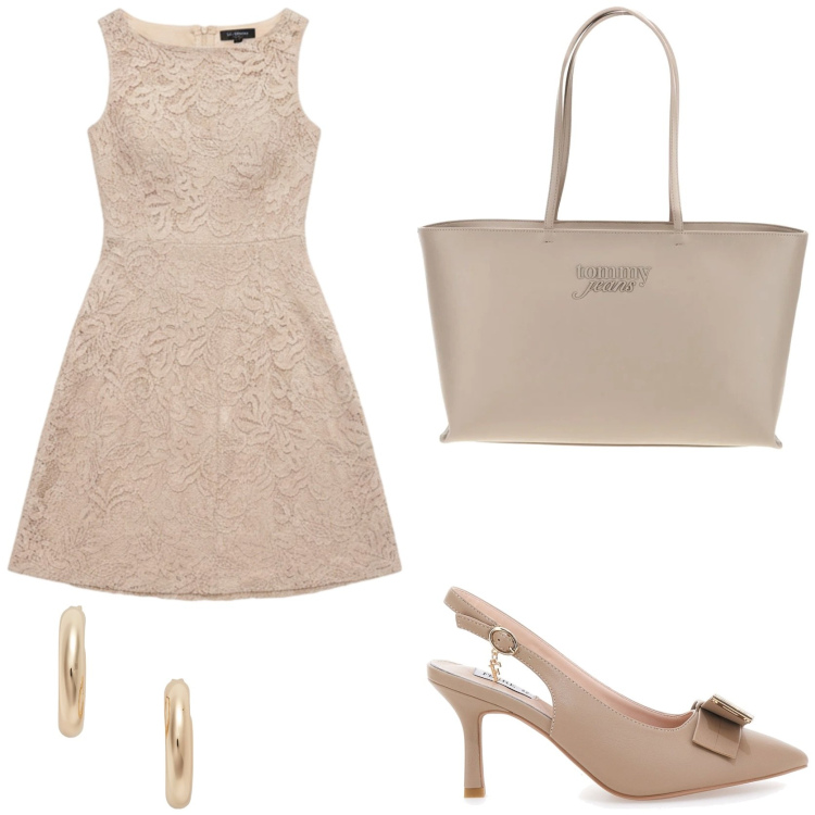 Outfit donna - Cerimonia in beige. Stile Chic per Cerimonia. Abbinamento con vestiti corti, orecchini, décolleté, borse a spalla.