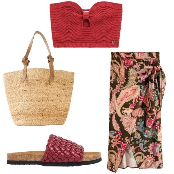 Outfit donna - Gonna pareo. Stile Etnico per Mare. Abbinamento con gonne longuette, ciabatte, shopping bag, top.