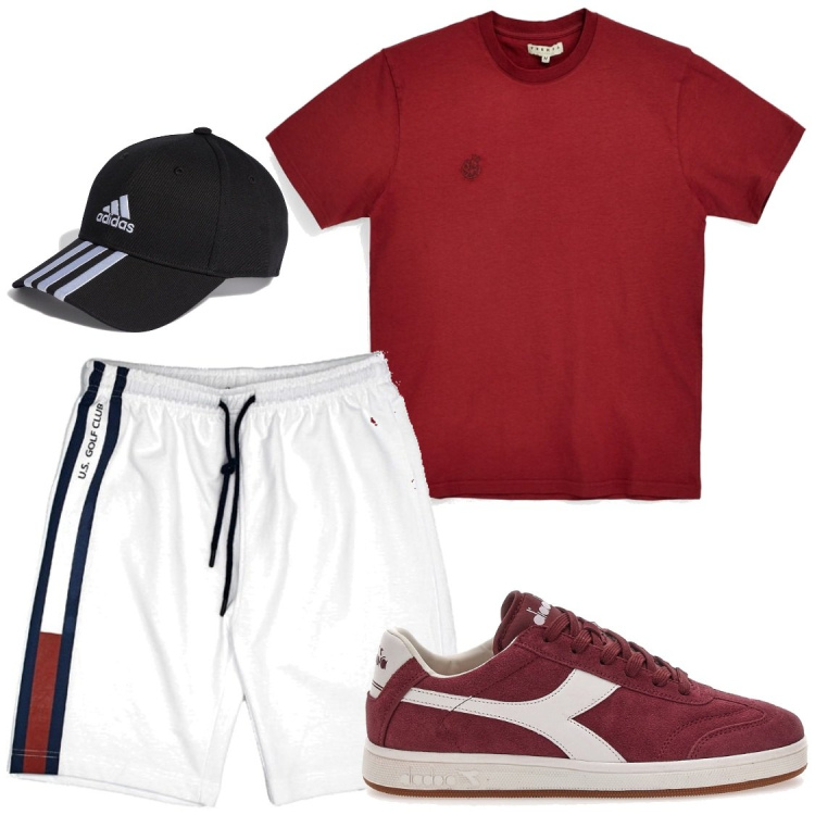 Outfit uomo - Eventi sportivi. Stile Trendy per Tutti i giorni. Abbinamento con pantaloni corti, cappelli con visiera, sneakers, t-shirt.