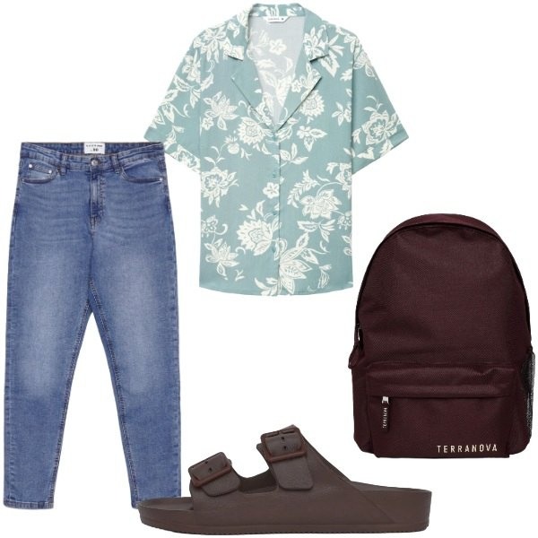 Outfit donna - Camicia floreale. Stile Vintage retrò per Tutti i giorni. Abbinamento con zaini, jeans skinny, camicie a manica corta, ciabatte.