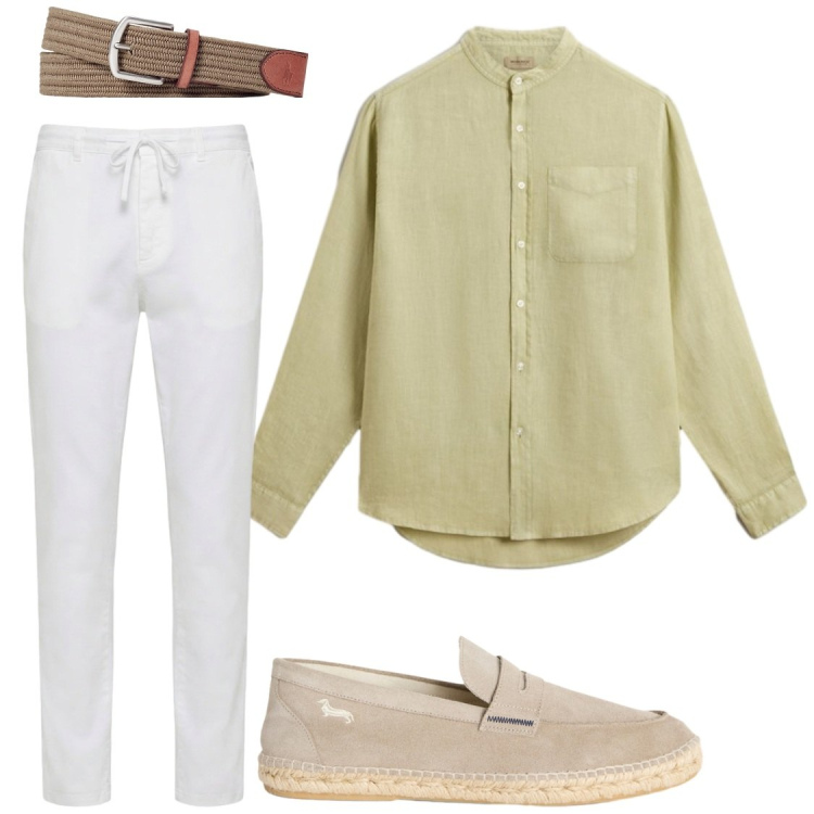 Outfit uomo - Ti porto a cena sul mare. Stile Trendy per Serata speciale. Abbinamento con pantaloni, espadrillas, camicie, cinture.