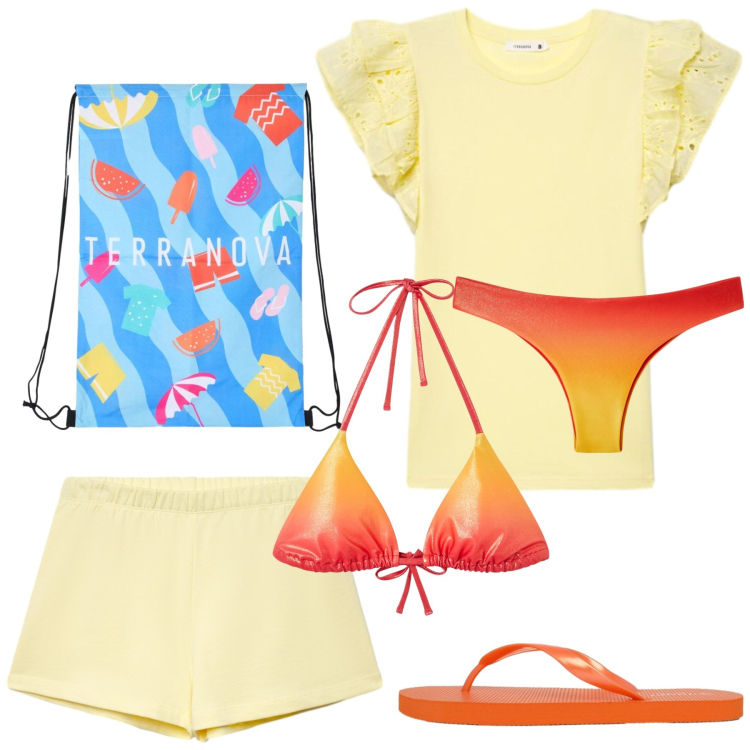 Outfit donna - Total look #2429749. Stile Minimal per Mare. Abbinamento con shorts, bikini, bikini, t-shirt, infradito, zaini.